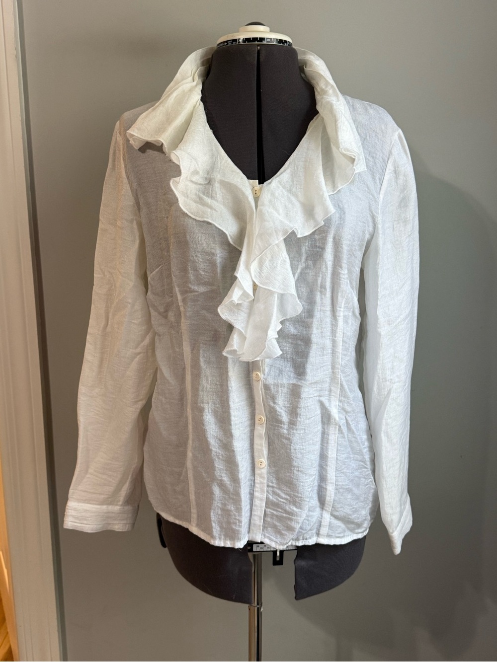 Sharon Young White Ruffle-Front Button Down Blouse